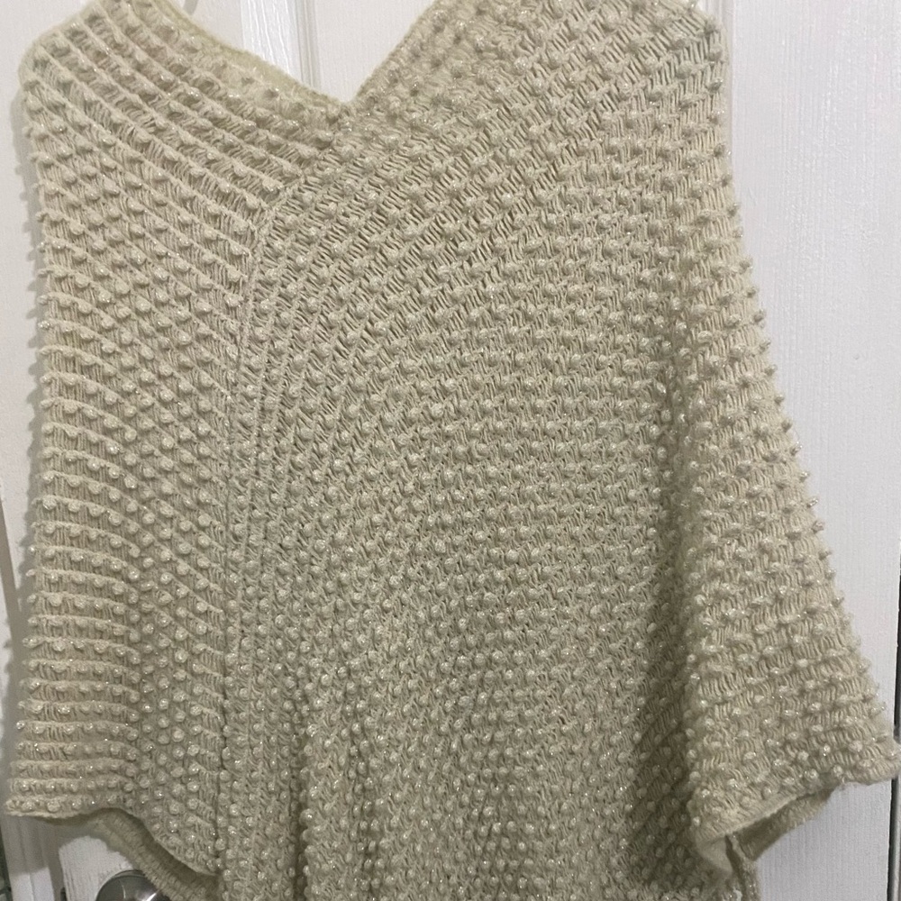 Cream Textured Knit Poncho Sweater